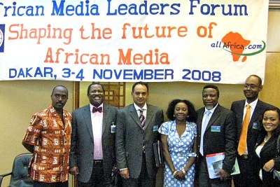 At the African Media Leaders' Forum, from left: Linus Gitahi of Nation Media Group, Kenya, Nduka Obaigbena of THISDAY, Nigeria, Hoosain Karjieker of M&G Media, South Africa, Marie-Roger Biloa of Africa International magazine, Eric Chinje of the World Bank, Amadou Mahtar Ba of AllAfrica and facilitator Tendai Kadenhe-Mhizha.