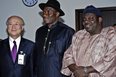 Vice President Goodluck Jonathan, seen between science minister Alhassan Zaku and International Atomic Energy Agency head Yukiya Amano, in a recent visit: In recognizing Jonathan as Acting President, the National Assembly joins with governors and the Senate in his support.