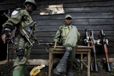 Soldiers of the Congolese national army at a military base 12km north of Goma, November 2008.