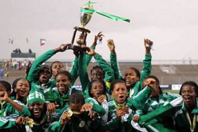 The Super Falcons of Nigeria after beating Equatorial Guinea 4-2 to regain the African Women Championship trophy, in South Africa.