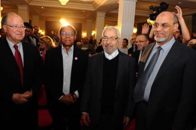 File photo: Newly elected president, Moncef Marzouki, second from left, seen with several opposition leaders in the national assembly.