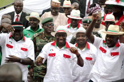 President Goodluck Jonathan, centre, with PDP supporters.