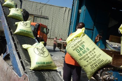 Part of the fertiliser consignment being offloaded at the Port of Mombasa last month.