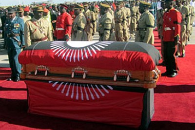 The casket bearing Mutharika's body at Kamuzu International Airport on April 5.