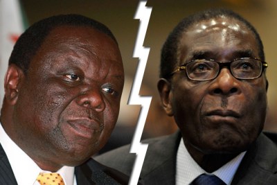 Le premier ministre Morgan Tsvangirai,à gauche, et le Président Robert Mugabe.