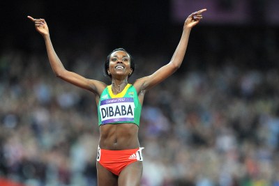 Ethiopia's Tirunesh Dibaba celebrates winning the gold medal in the women's 10,000m race in London.