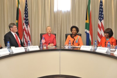 U.S. Secretary Clinton and South African Foreign Minister Maite Nkoana-Mashabane during the  second meeting of the South Africa-United States of America Strategic Dialogue in Johannesburg, South Africa.