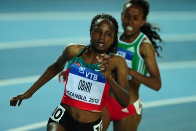 Kenya's Hellen Obiri competes during the women's 3000m final at the 2012 IAAF World Indoor Athletics Championships at the Atakoy Athletics Arena in Istanbul on March 11, 2012.