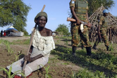 Troops patrol Abyei - one of the disputed areas that lies on the border of both countries (file photo).