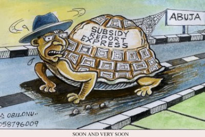 A cartoonist depicts slow progress on resolving the issues surrounding Nigeria's subsidy on fuel.