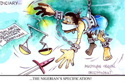 Depiction of corruption in Nigerian judicial system.