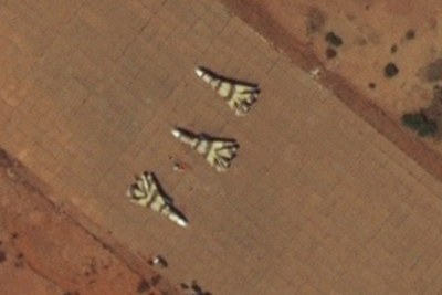 The Satellite Sentinel Project says this image shows three Su-24 (“Fencer”) supersonic precision bomber aircraft at Wadi Seidna Air Base, North Omdurman in Khartoum State.