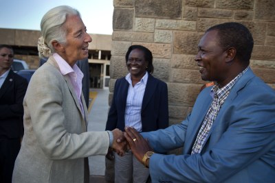International Monetary Fund managing director Christine Lagarde is greeted at the Nairobi International Airport by Kenya's Central Bank Governor Njuguna Ndungu (file photo).