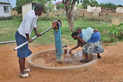 Women pump water from a borehole (file photo).