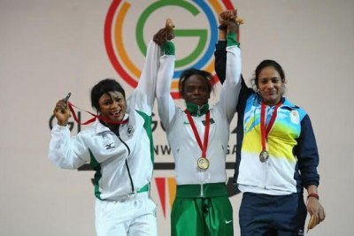 Women’s 63kg Weightlifting. The medallists.