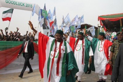 Goodluck Jonathan campaigning for his re-election.