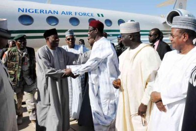 President Jonathan on arrival at Maiduguri International Airport on a surprise visit to the troops in the North East.
