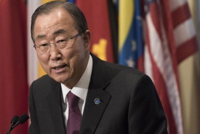 Le Secrétaire général de l'ONU, Ban Ki-moon, lors de sa conférence de presse au siège de l'ONU à New York.