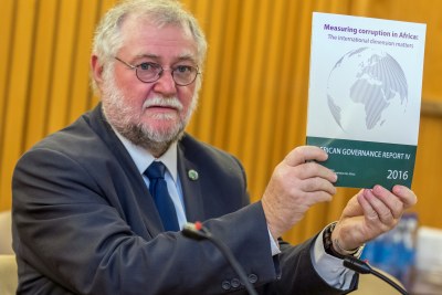 Namibian Minister of Finance Calle Schlettwein,  launching the Africa Governance Report IV, during the African Development Week in Addis.