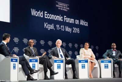 President Kagame together with World Economic Forum managing director Philipp Rosler ; Dominic Barton, Global Managing Director, McKinsey & Company; Graca Machel, Founder, Foundation for Community Development, Mozambique, and a co-chair of the World Economic Forum; and Akinwumi Ayodeji Adesina, African Development Bank president.