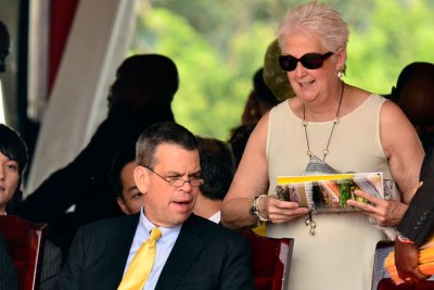Mr Bruce Wharton (Left), the US Principle Assistant Secretary for African Affairs, chats with US Ambassador Deborah Malac during President Museveni’s swearing-in ceremony at Kololo Independence Grounds in Kampala on Thursday.