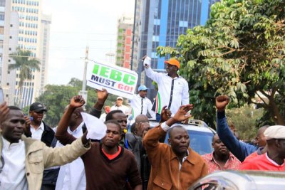 Cord leaders Raila Odinga, Kalonzo Musyoka and Moses Wetang'ula lead demonstrations against the Independent Electoral and Boundaries Commission on May 23, 2016 along Koinange Street.