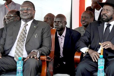South Sudan Vice President Dr Riek Machar (left) and President Salva Kiir (file photo).