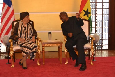 President Ellen Johnson Sirleaf of Liberia and Ghana's John Mahama in Accra.