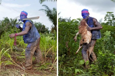 Deux photos de la série « Asafo », réalisée par le photographe Charles Fréger, sur les « hommes bleus » du Togo.
