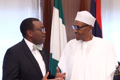 Akinwumi Adesina, President of the African Development Bank (AfDB), with Nigerian President Muhammadu Buhari in Abuja on 26th September. The AfDB president visit to Nigeria will be his first official visit to the country since his appointment last year. Adesina will meet policy-makers, the private sector, and development partners to discuss the challenges facing Nigeria and highlight the AfDB’s commitment to further strengthen its partnership with Nigeria