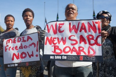 Supporters of the Right2Know campaign outside Parliament protest the SABC (file photo).