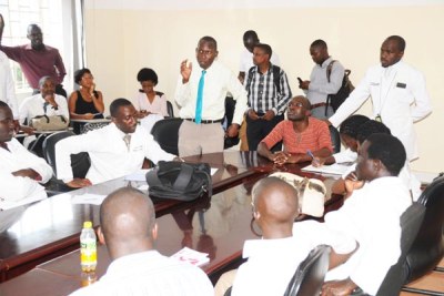Makerere University medical students during a meeting at the College of Health Sciences.