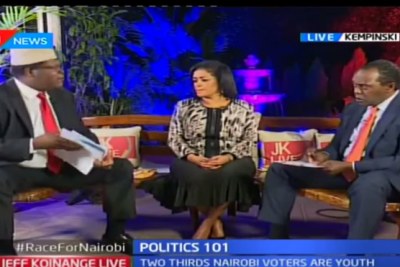 (From left to right) Miguna Miguna and Esther Passaris and Jeff Koinange during the show.