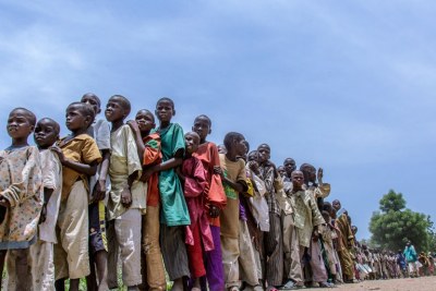 On 12 August 2016 internally displaced children queuing for food at Banki IDP camp, Borno State (file photo).