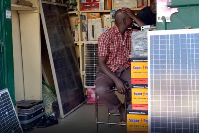 Solar photovoltaic panels on sale in the remote village of Zantiebougou, Mali.