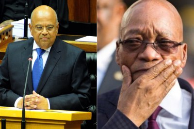 A gauche, le ministre des finances, Pravin Gordhan. A droite, le Président Jacob Zuma.