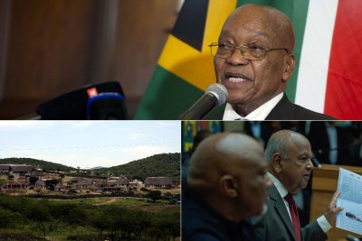 Top: President Jacob Zuma. Bottom-left: Zuma's Nkandla homestead. Bottom-right: Mcebisi Jonas, foreground, and Pravin Gordhan holding an alleged intelligence report that resulted in their dismissal from the finance ministry.