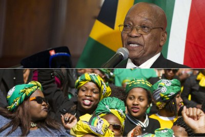 En haut: : Président Jacob Zuma. En bas: des supporters de l'ANC.