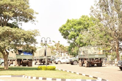 Trucks transport voting materials from National Electoral Commission headquarters.
