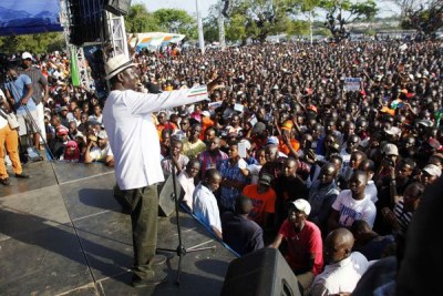 Nasa leader Raila Odinga addresses a rally at Mama Ngina Drive in Mombasa on October 15, 2017.