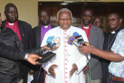 Bishop Cornelius Korir of Eldoret Catholic Diocese and other religious leaders from the North Rift region during a press conference at St John’s Cathedral Catholic Church in Eldoret town on August 4, 2017.