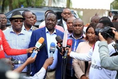 Nasa leader Raila Odinga talks to journalists after condoling with the family of the late Kitui West MP Francis Nyenze at their home in Nairobi’s Karen on December 9, 2017.