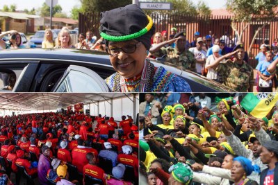 Top: Winnie Madikizela-Mandela. Bottom-left: Economic Freedom Fighters supporters at the party's memorial for the late struggle icon. Bottom-right: African National Congress supporters at the official memorial service held at the Orlando Stadium in Sotweto, Johannesburg.