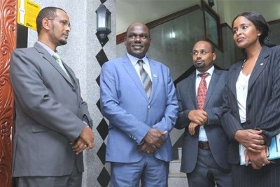 From left: IEBC commissioner Yakub Guliye, Chairman Wafula Chebukati, commissioner Boya Molu, and vice chair Consolata Nkatha Bucha Maina when they appeared before select committees of both Senate and National Assembly on the elections law amendments proceedings at Nairobi County Hall on October 5, 2017.