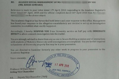 The letter in which Makerere University suspended Edward Kisuze, a senior administrative assistant in the Academic Registrar’s Department.