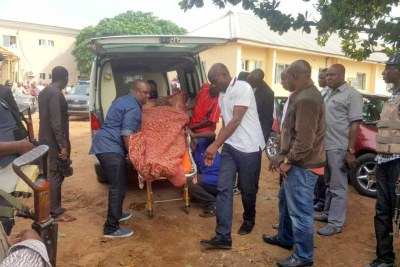 Dino Melaye arrives Lokoja court in ambulance.