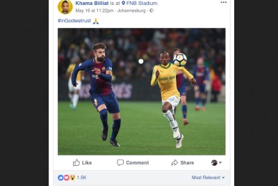A lot of the furious feedback was posted on Billiat's Facebook page after the forward posted a picture from the big match in which he out-sprinted Barcelona defender Gerard Pique and attached a caption that read, 