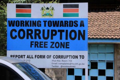 A banner outside the Ministry of Health warning against corruption (file photo).