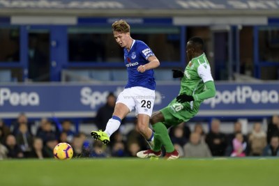 Everton’s Kieran Dowell makes a pass under pressure from Gor Mahia’s Philemon Otieno during their SportPesa Trophy match at Goodison Park on November 6, 2018