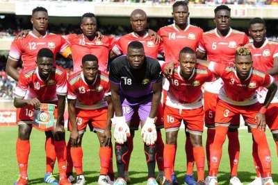 Harambee Stars players line up before facing Ethiopia in an Africa Cup of Nation qualifying match on October 14, 2018 at Moi International Sports Centre, Kasarani in Nairobi.